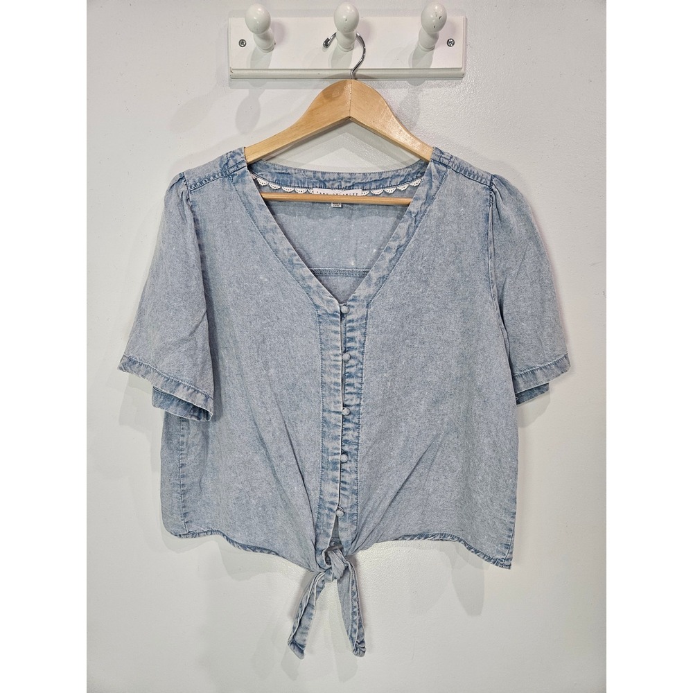 Jane + Delancey Womens Medium Light Wash Lyocell Tie Front Cropped Blouse Top